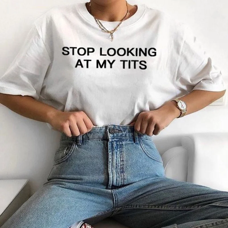 Футболка женская с надписью Stop Look My obs | Женская одежда