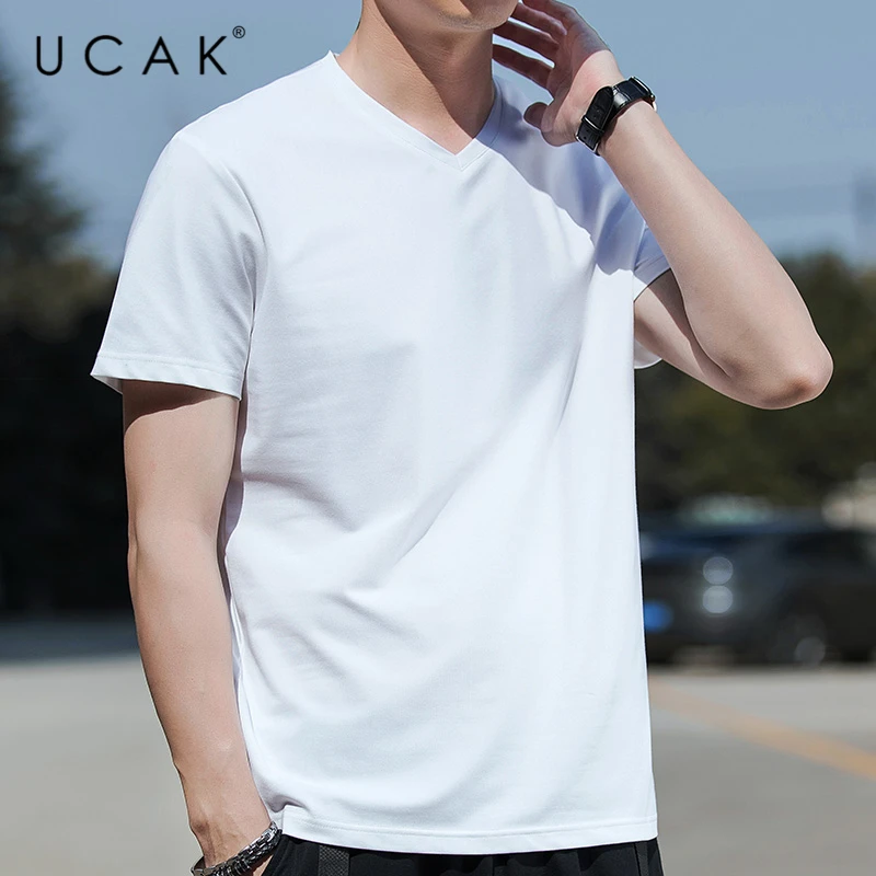 UCAK Brand Classic V-Neck Solid Color Short Sleeve T-Shirts Summer Fashion Style Streetwear Tops Casual Silk T Shirt Homme U5496
UCAK Brand Classic V-Neck Solid Color Short Sleeve T-Shirts Summer Fashion Style Streetwear Tops Casual Silk T Shirt Homme U5496