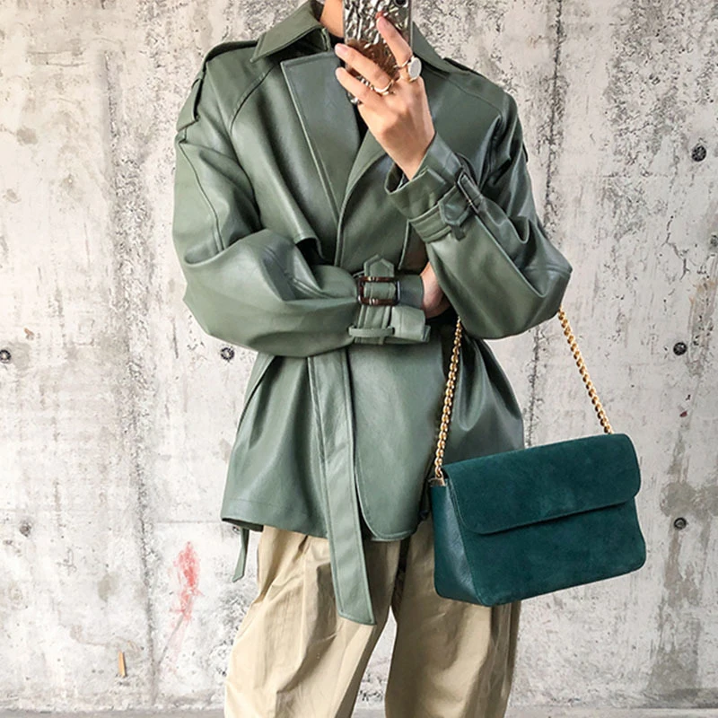 Pu Leather Motorcycle Jacket Autumn Winter Women Casual Female Streetwear Long Sleeve Belt Green Biker Coats 2021
Pu Leather Motorcycle Jacket Autumn Winter Women Casual Female Streetwear Long Sleeve Belt Green Biker Coats 2021