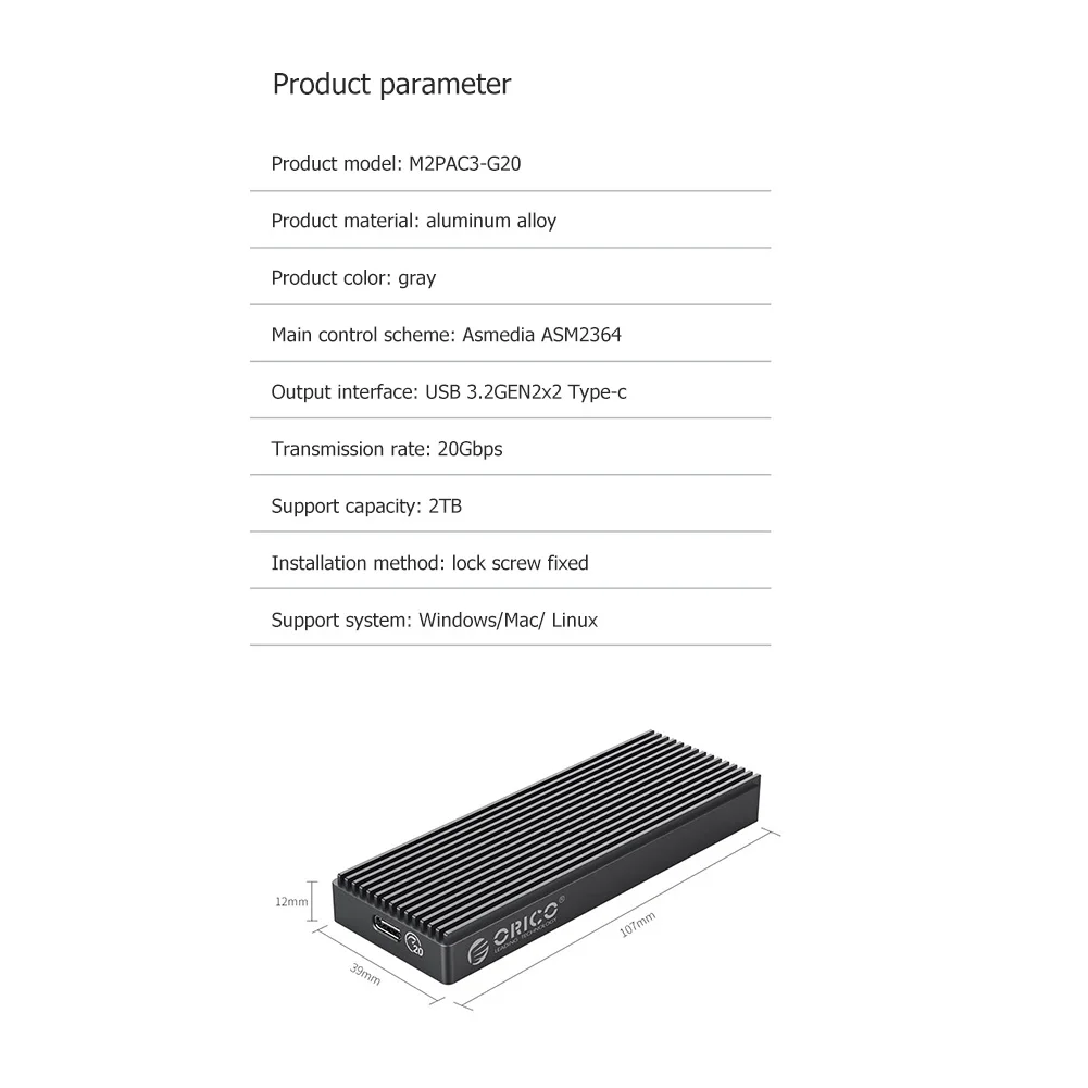 ORICO USB 3.2 Type-C Mobile SSD External Case 20Gbps High Speed M.2 NVMe M Key B+M Key Solid State Drive EnclosureHigh Speed
ORICO USB 3.2 Type-C Mobile SSD External Case 20Gbps High Speed M.2 NVMe M Key B+M Key Solid State Drive EnclosureHigh Speed