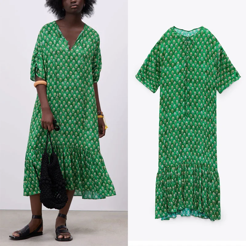 2021 Za Summer Green Floral Print Midi Dress Women Tied Ruched Short Sleeve Elegant Party Dresses Woman Vintage Ruffle Hem Dress
2021 Za Summer Green Floral Print Midi Dress Women Tied Ruched Short Sleeve Elegant Party Dresses Woman Vintage Ruffle Hem Dress