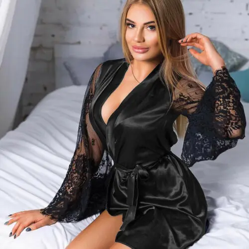 Women Sexy Satin Short Robes Women Lace Patchwork Solid Color Long Sleeve V-neck Lace Up Satin Sleepwear Robes
Women Sexy Satin Short Robes Women Lace Patchwork Solid Color Long Sleeve V-neck Lace Up Satin Sleepwear Robes