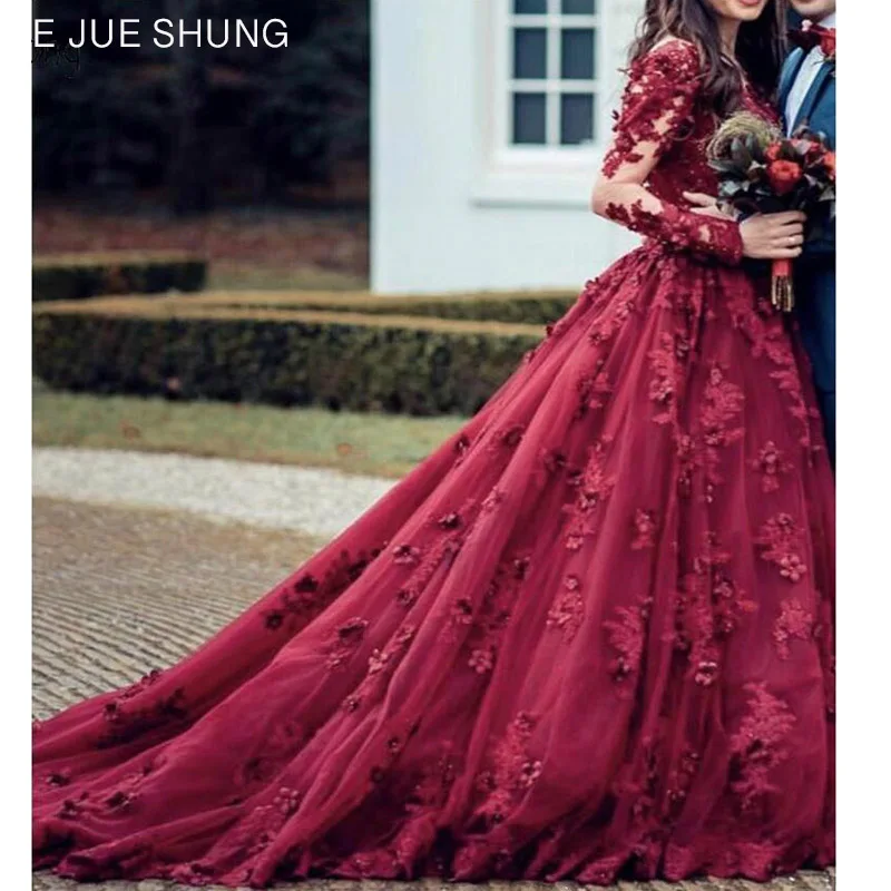 E JUE SHUNG Burgundy Lace Appliques Beaded Luxury Wedding Dresses Lace Up Back Long Sleeves Bridal Gowns vestidos de novia
E JUE SHUNG Burgundy Lace Appliques Beaded Luxury Wedding Dresses Lace Up Back Long Sleeves Bridal Gowns vestidos de novia