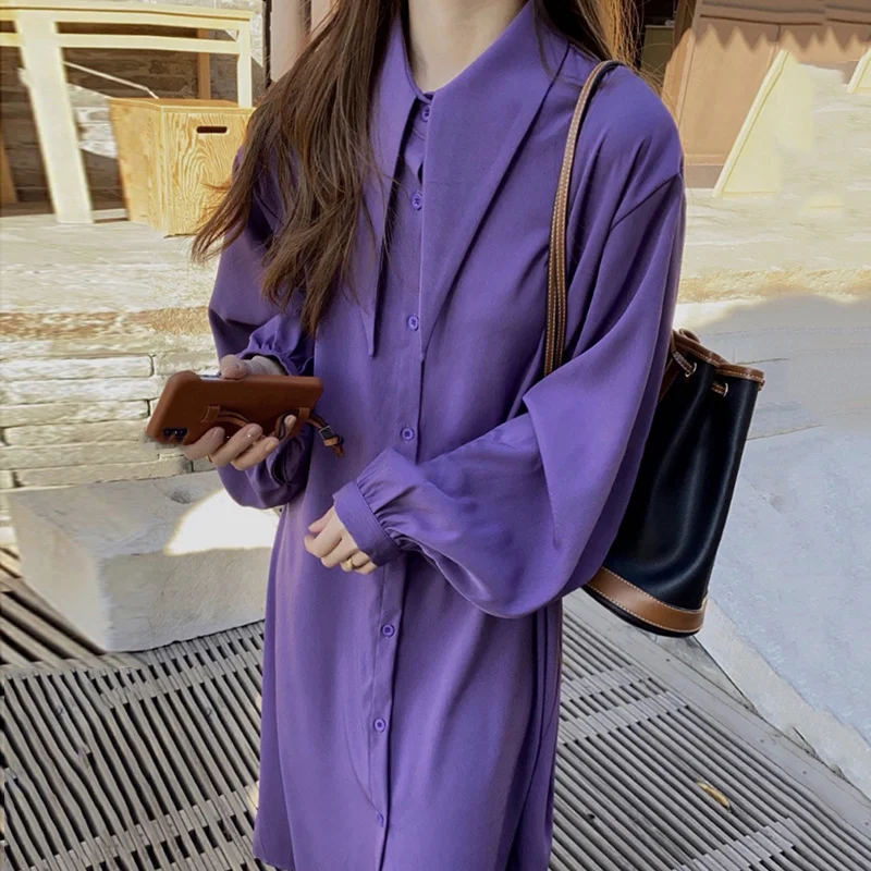 Korean Chic Dress Women Style Violet Pointed Collar Single Breasted Shirt Skirt Versatile Casual Loose Lantern Sleeve Dress
Korean Chic Dress Women Style Violet Pointed Collar Single Breasted Shirt Skirt Versatile Casual Loose Lantern Sleeve Dress