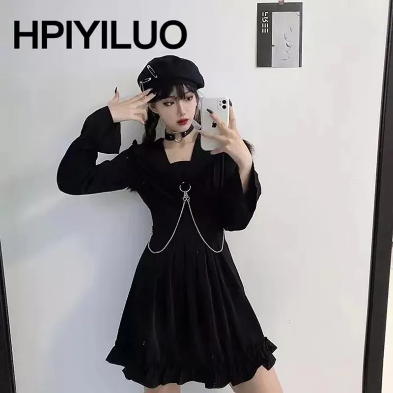 Punk Gothic Dress Girl With Double Chains Vintage Designer Mini Dress Plus Size 4XL Clothes Long Sleeve Dresses for Women
Punk Gothic Dress Girl With Double Chains Vintage Designer Mini Dress Plus Size 4XL Clothes Long Sleeve Dresses for Women