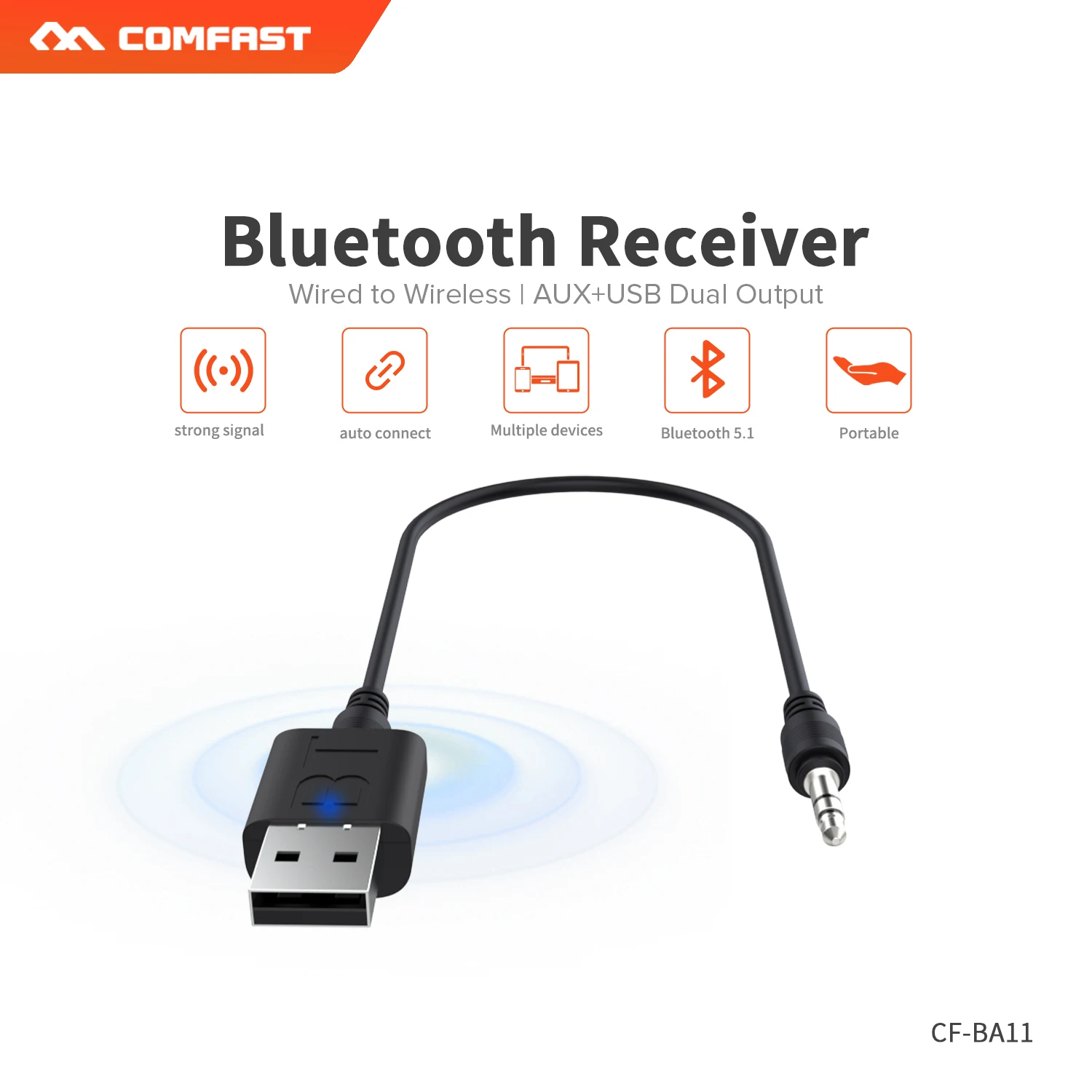 Comfast BT5.1 Bluetooth Adapter plug and play Speaker / Car Bluetooth Receiver Wire to wireless AUX+USB Dual Output CF-BA11
Comfast BT5.1 Bluetooth Adapter plug and play Speaker / Car Bluetooth Receiver Wire to wireless AUX+USB Dual Output CF-BA11