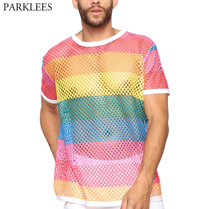 Fashion Sexy Mesh Men T Shirts Rainbow Party Tshirt Men Clothes 2019 See-through Fishnet Men T-shirt Streetwear Mens Tshirt Top
Fashion Sexy Mesh Men T Shirts Rainbow Party Tshirt Men Clothes 2019 See-through Fishnet Men T-shirt Streetwear Mens Tshirt Top