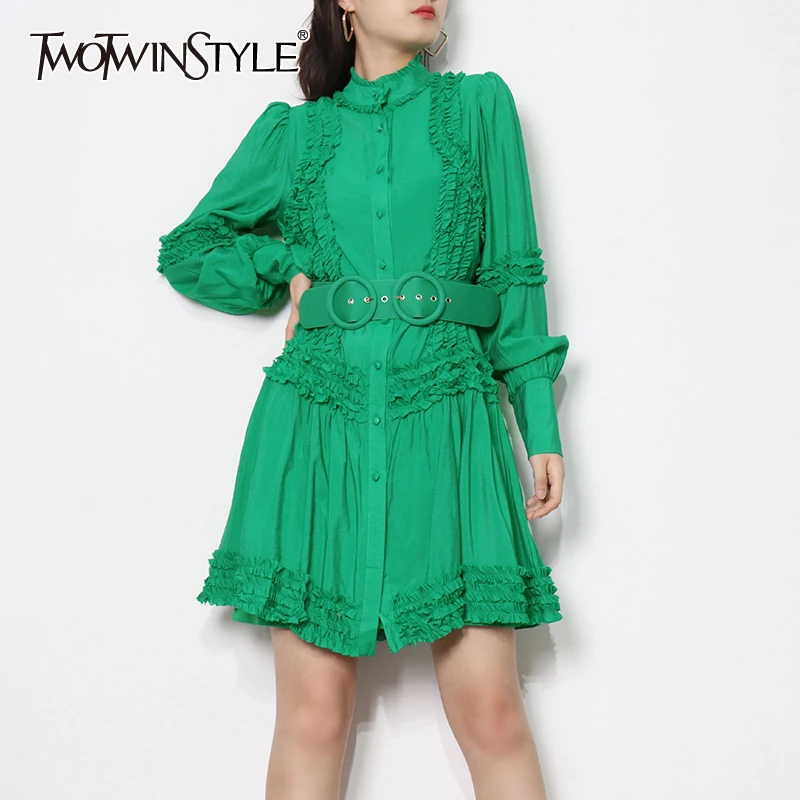 TWOTWINSTYLE Elegant Ruffle Trim Mini Dress For Women Stand Collar Long Sleeve High Waist Sashes Ruched Vintage Dresses Female
TWOTWINSTYLE Elegant Ruffle Trim Mini Dress For Women Stand Collar Long Sleeve High Waist Sashes Ruched Vintage Dresses Female