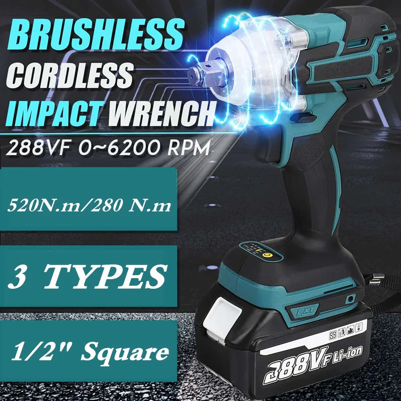18V 520N.m/280 N.m Cordless Electric Impact Wrench Motor 1/2" Square Brushless Rechargeable Wrench LED Light For Makita Battery
18V 520N.m/280 N.m Cordless Electric Impact Wrench Motor 1/2" Square Brushless Rechargeable Wrench LED Light For Makita Battery