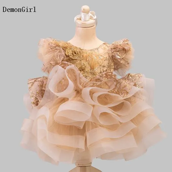 

Champagne Puffy Organza Baby Dress Christening Baptism Gown Knee Length Birthday Dress Baby Girl Party Costume