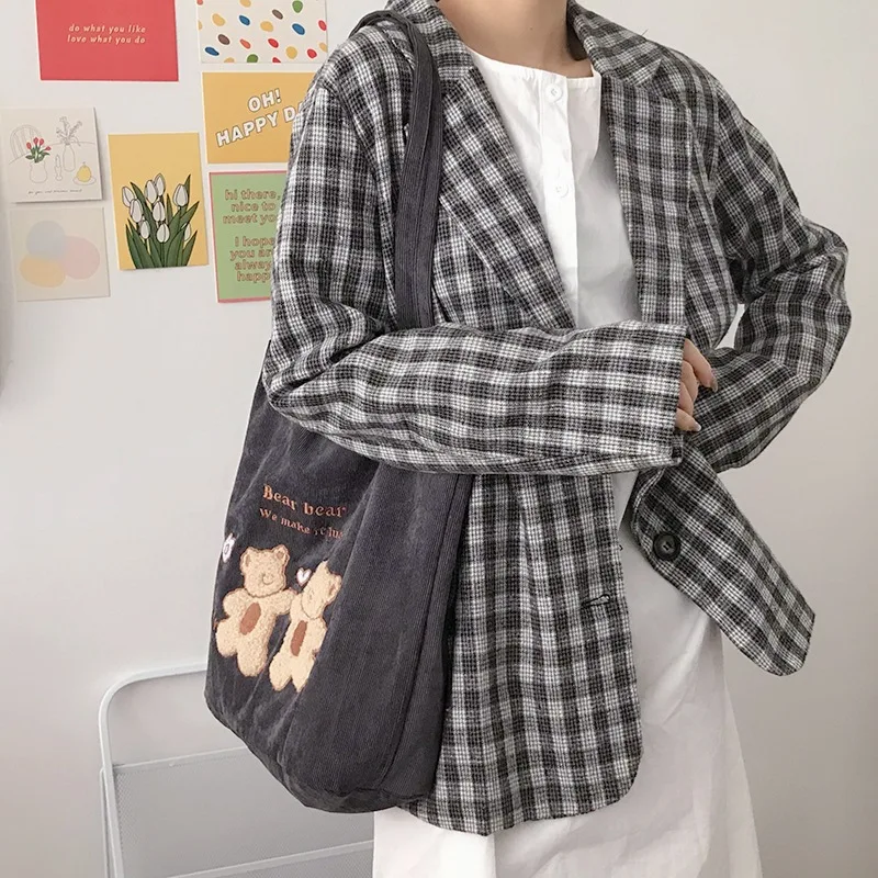 Women Corduroy Shoulder Bag Lucky Bears Embroidery Striped Canvas Handbag Eco Cloth Tote Cute Soft Shopping Bags For Ladies
Women Corduroy Shoulder Bag Lucky Bears Embroidery Striped Canvas Handbag Eco Cloth Tote Cute Soft Shopping Bags For Ladies