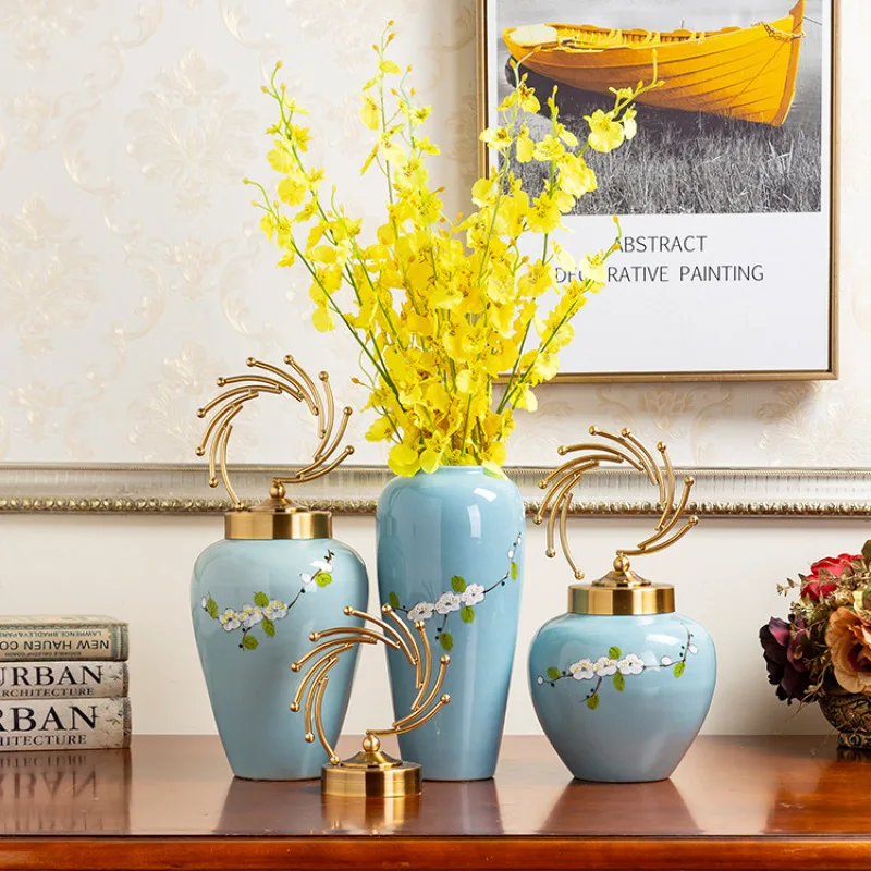 

Керамическая ваза в китайском стиле ретро с крышкой, аксессуары для золотой цветочной композиции, украшения для дома ручной работы, вазы