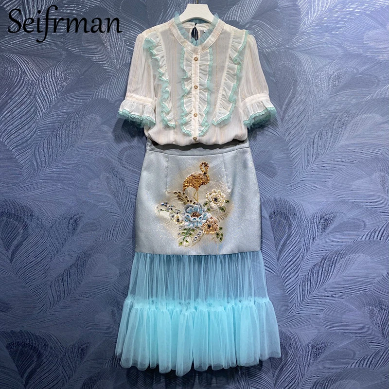 

Seifrmann New 2021 Summer Women Fashion Designer Skirts Set Ruffles Loose Blouses+High Waist Beading Bodycon Mermaid Skirts Set