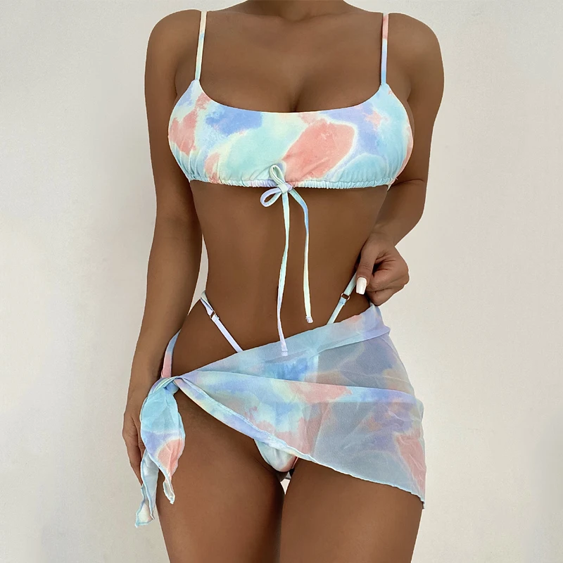 

JyoJyo Sexy thong bikinis 2021 mujer Tie dye swimsuit women Bandeau knot swimwear female bathing suit High cut 2 piece swim suit