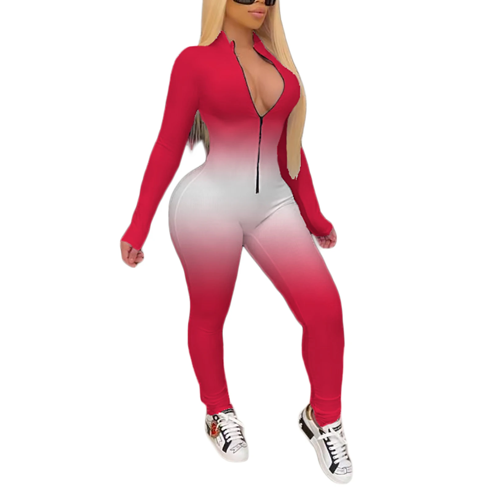 Tight Women Gradient Jumpsuit, Long Sleeve Zipper High Collar Long Pants for Autumn Spring
Tight Women Gradient Jumpsuit, Long Sleeve Zipper High Collar Long Pants for Autumn Spring