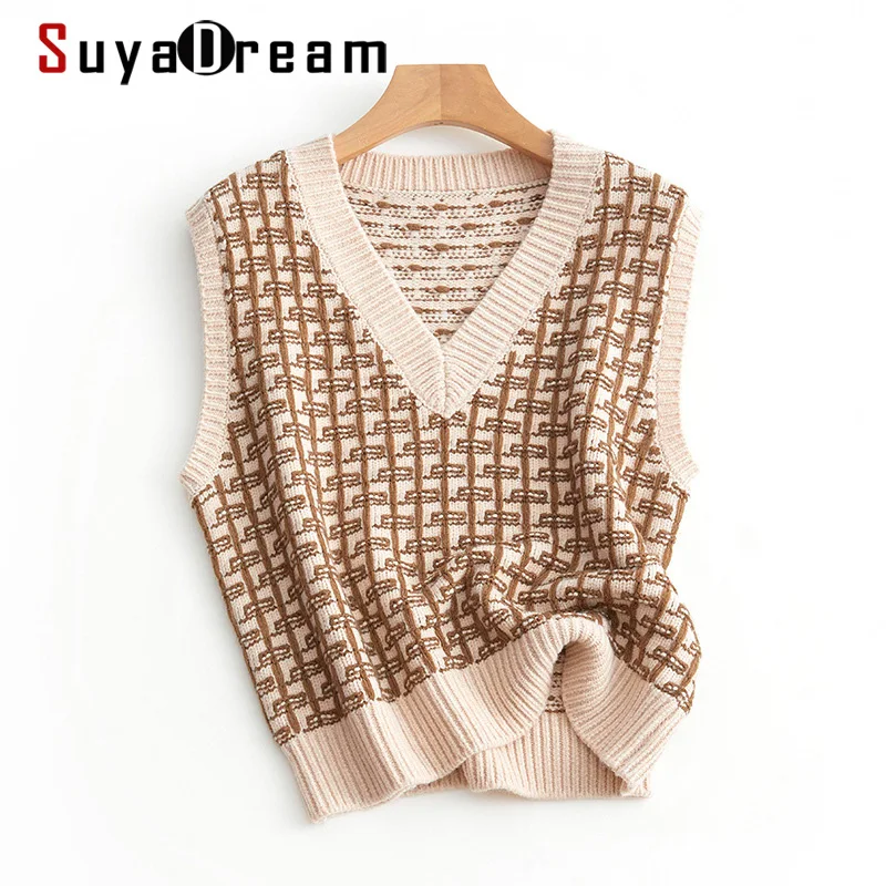 SuyaDream Wool Blend Plaid Vests 2021 Winter V neck Sleeveless Pullovers Khaki Sweaters for Woman 
SuyaDream Wool Blend Plaid Vests 2021 Winter V neck Sleeveless Pullovers Khaki Sweaters for Woman