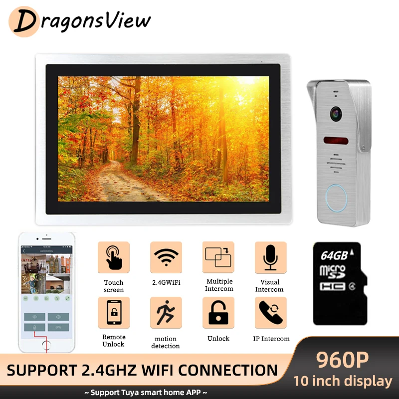 

Dragonsview Wifi Intercom Video Door Phone 10 Inch Smart Touch Screen 960P Doorbell Camera Motion Detect Record Unlock Wireless