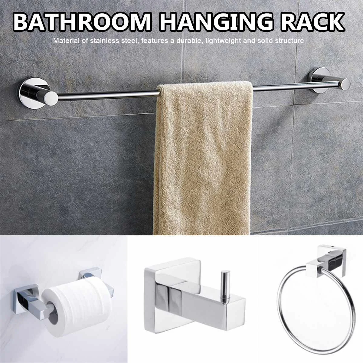 4Pcs-Stainless-Steel-Single-Towel-Bar-Robe-Hook-Toilet-Roll-Paper-Holder-Towel-Ring Bathroom-Hardware-Accessory-Set
4Pcs-Stainless-Steel-Single-Towel-Bar-Robe-Hook-Toilet-Roll-Paper-Holder-Towel-Ring Bathroom-Hardware-Accessory-Set