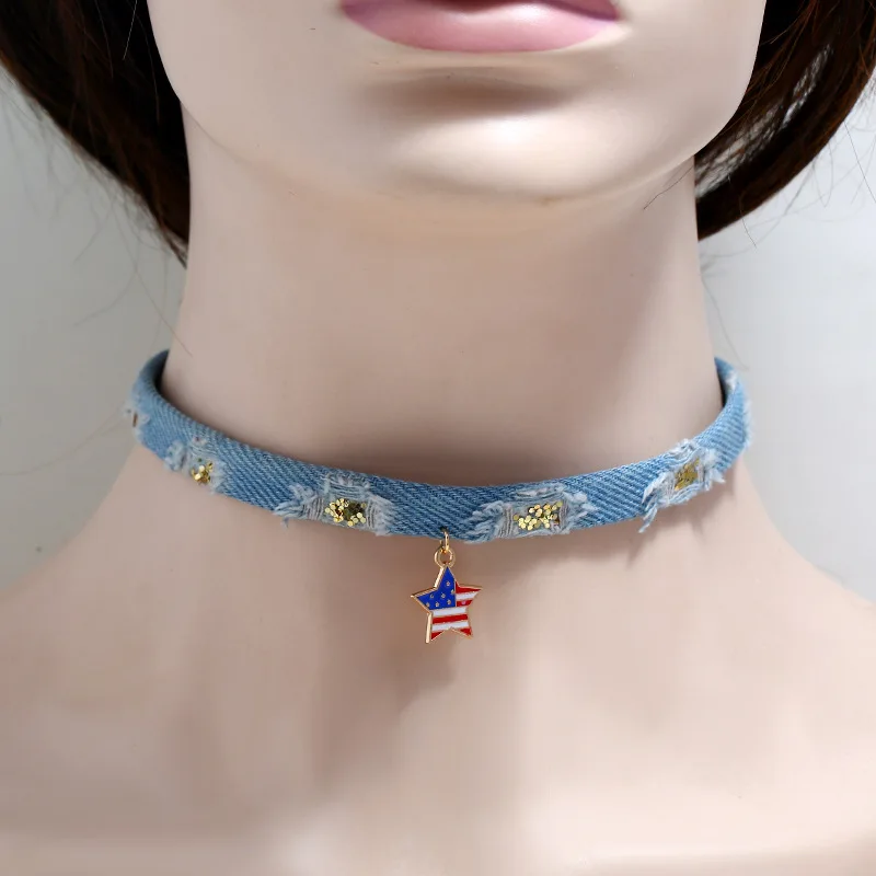 2021 Trendy Fashion Denim Fabric Alloy Pendant Necklace Neck Chain Denim Flag American Independence Day Chain Necklace
2021 Trendy Fashion Denim Fabric Alloy Pendant Necklace Neck Chain Denim Flag American Independence Day Chain Necklace