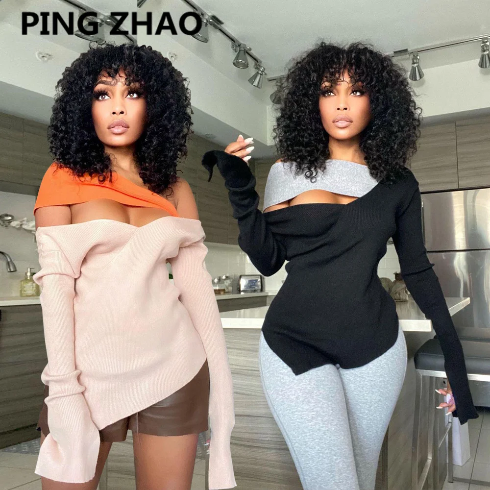 PING ZHAO Women Off Shoulder Cut Out Flare Long Sleeve Slash Neck Patchwork Tee Tops for Winter Sexy Streetwear T-shirt
PING ZHAO Women Off Shoulder Cut Out Flare Long Sleeve Slash Neck Patchwork Tee Tops for Winter Sexy Streetwear T-shirt