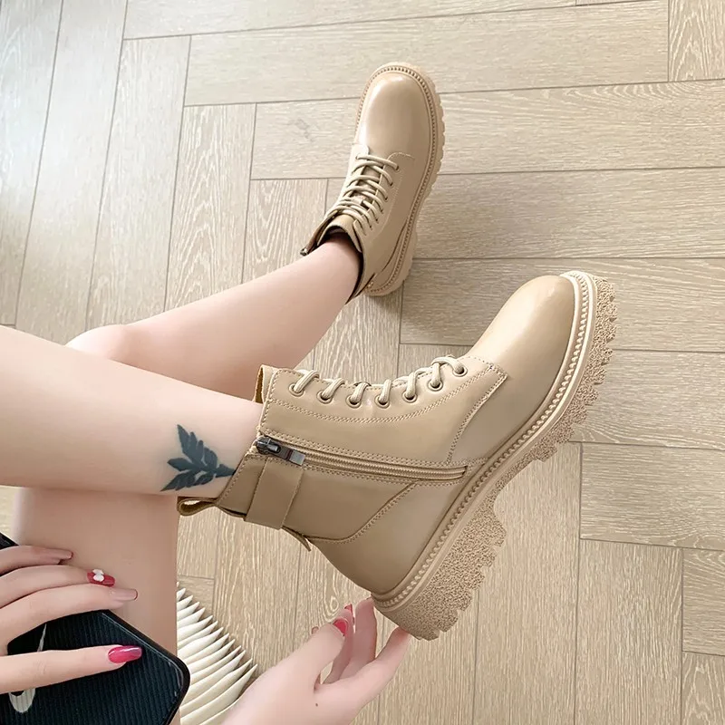 

2021 Autumn Winter Side Zipper Round Splicing Shorty Botas Gril Party Retro Fringe Heightening Wedges Ankle Boots Women