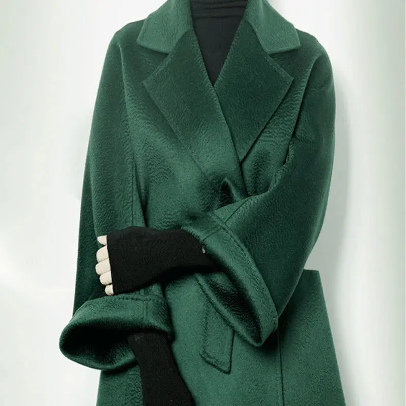 Женское длинное кашемировое пальто с поясом двустороннее свободное ручной