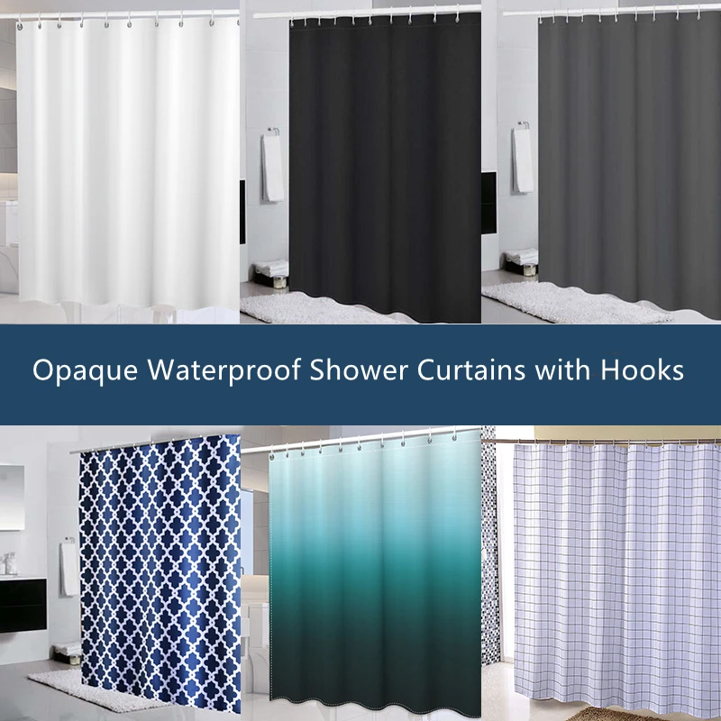 

Opaque Waterproof Shower Curtains With Hooks Rings For Bathroom White Black Anti-mold Polyester Fabric Partition Bath Curtain