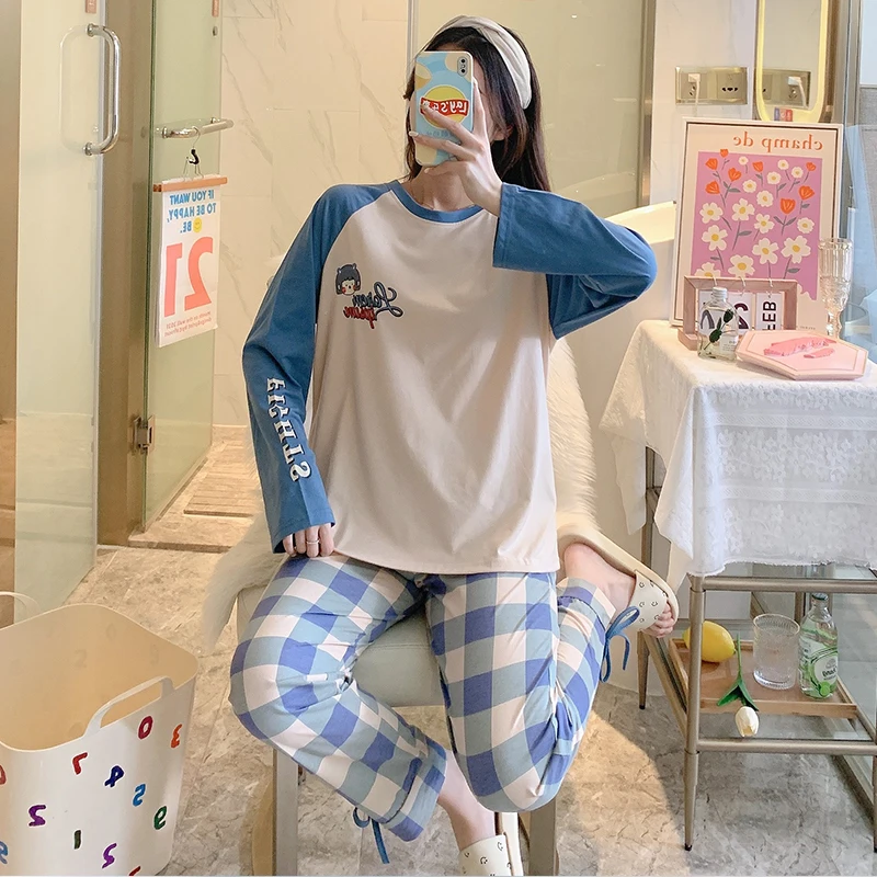 Cotton Cartoon Sleepwear Suit Pajamas for Women Long sleeve Trousers Plaid Pants Korean 2-piece Nightwear Home Clothes Sets
Cotton Cartoon Sleepwear Suit Pajamas for Women Long sleeve Trousers Plaid Pants Korean 2-piece Nightwear Home Clothes Sets