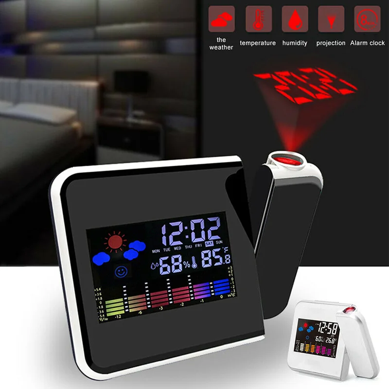 

Digital Alarm Clocks LED Projection Electronic Table Clock Snooze Temperature Thermometer Date Calendar Projector USB Charger