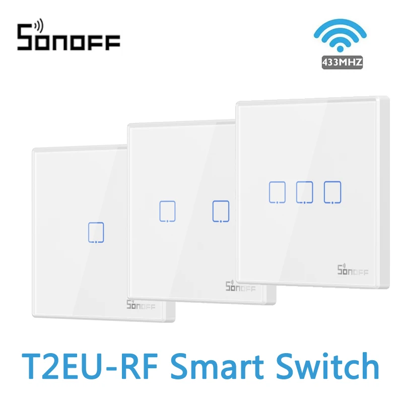 

SONOFF T2EU-RF 86 Type Wall Panel 1-3 Gang Sticky 433MHz Wireless RF Remote 2-Way Control for 4CHPROR3 SlampherR2 TX Wall Switch