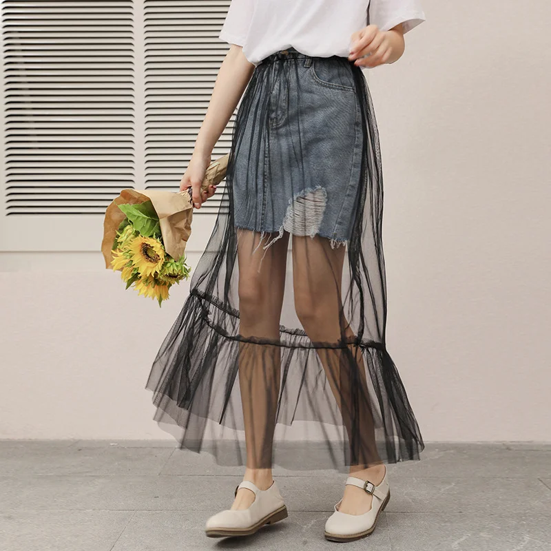 2020 Summer New Thin Edges Worn Mesh Stitching Denim Jeans Skirt Tide Long Denim Skirts Womens with Mesh Tulle Skirts Womens
2020 Summer New Thin Edges Worn Mesh Stitching Denim Jeans Skirt Tide Long Denim Skirts Womens with Mesh Tulle Skirts Womens