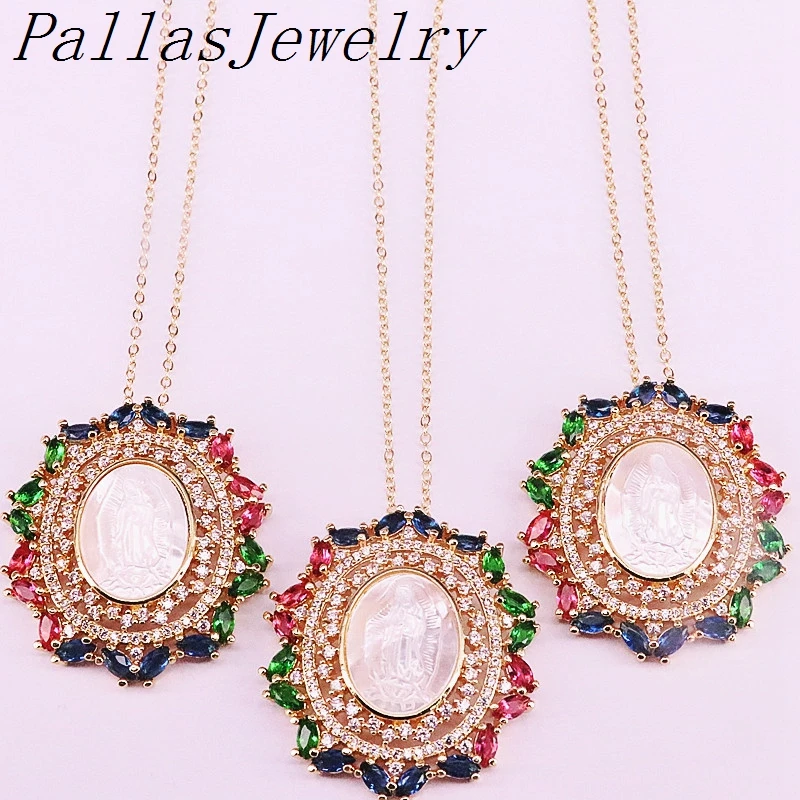 3Pcs Gold color White Shell Virgin Mary Rainbow CZ Micro Pave Oval Pendant Necklace
3Pcs Gold color White Shell Virgin Mary Rainbow CZ Micro Pave Oval Pendant Necklace