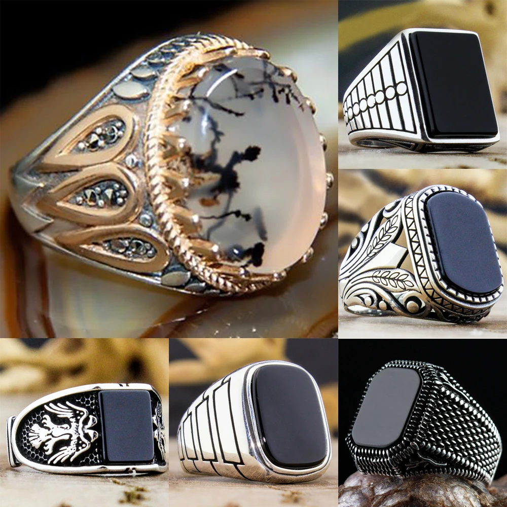 

2021 Retro Handmade Turkish Jewelry Vintage Ottoman Men's Eagle Ring Inlaid Black Onyx Stone Ring Party Punk Motor Biker Jewelry