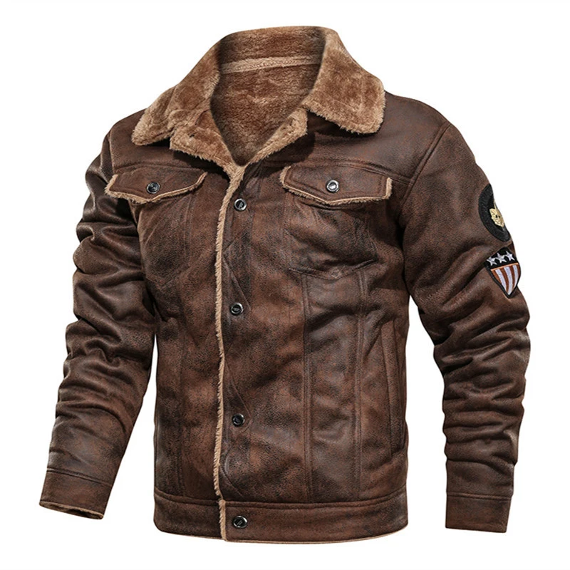 

Куртки и пальто мужские замшевые кожаные в стиле ретро, мужская кожаная мотоциклетная куртка, теплое пальто с меховой подкладкой, зимнее ба...