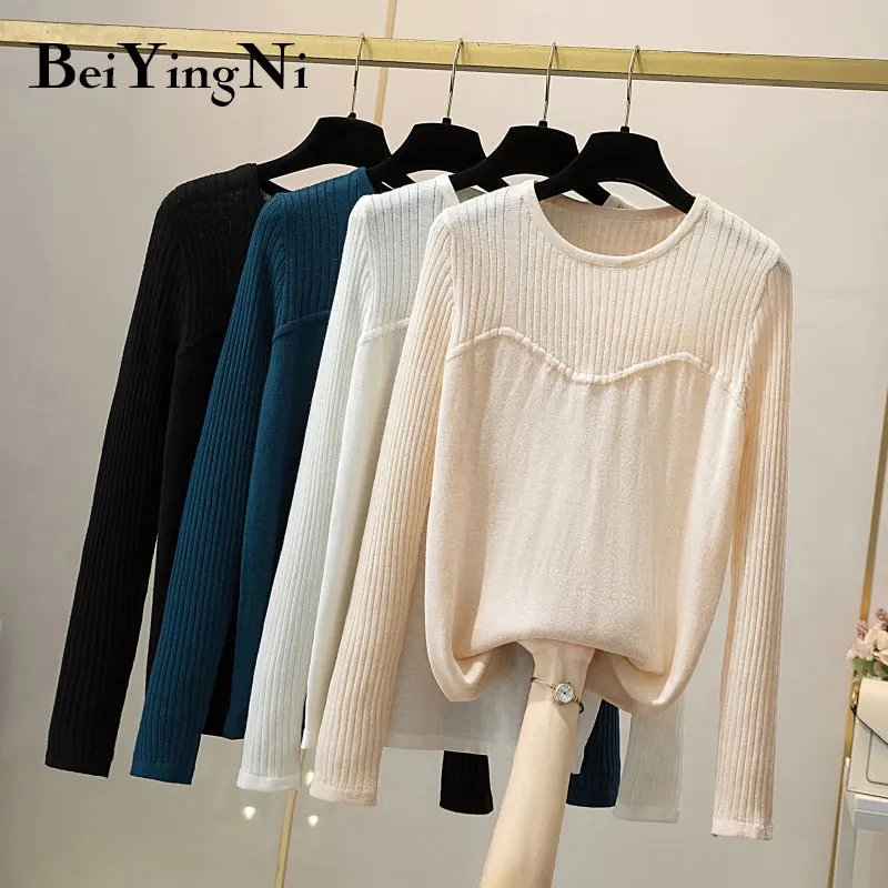 

Модные свитера Beiyingni с длинным рукавом, Женские Простые вязаные топы, повседневные облегающие белые пуловеры с круглым вырезом, весна-осень ...