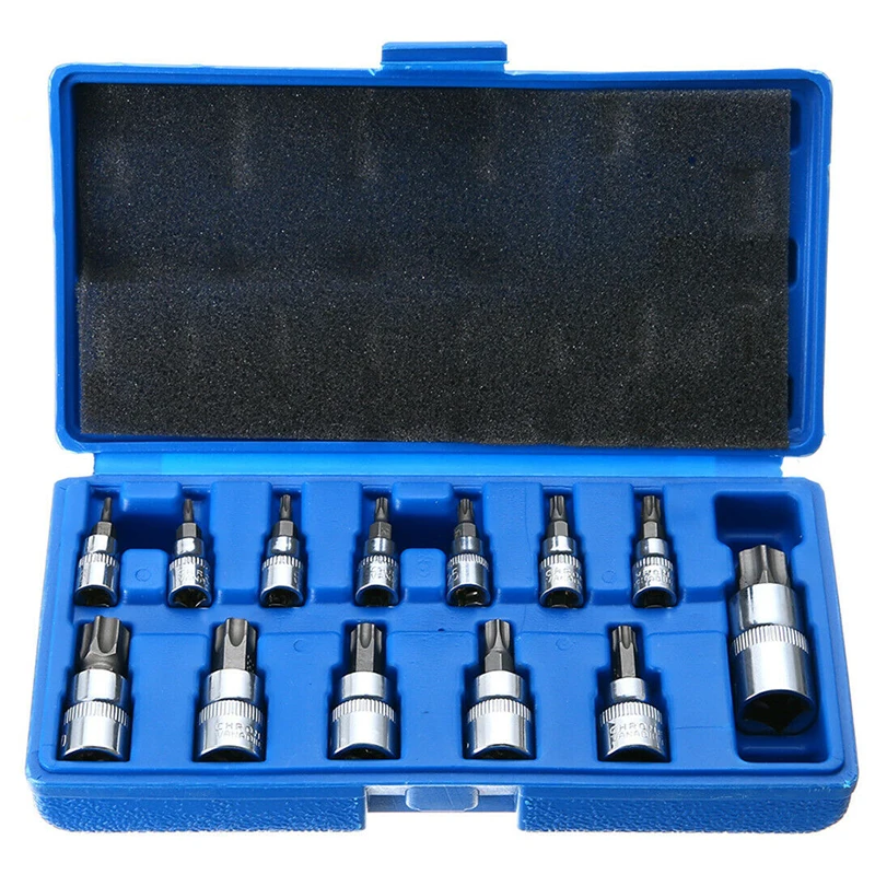 13pcs Torx Star Bit Socket Tamper Proof Metric 1/4\" 3/8\" 1/2\" Drive Case 
13pcs Torx Star Bit Socket Tamper Proof Metric 1/4\" 3/8\" 1/2\" Drive Case