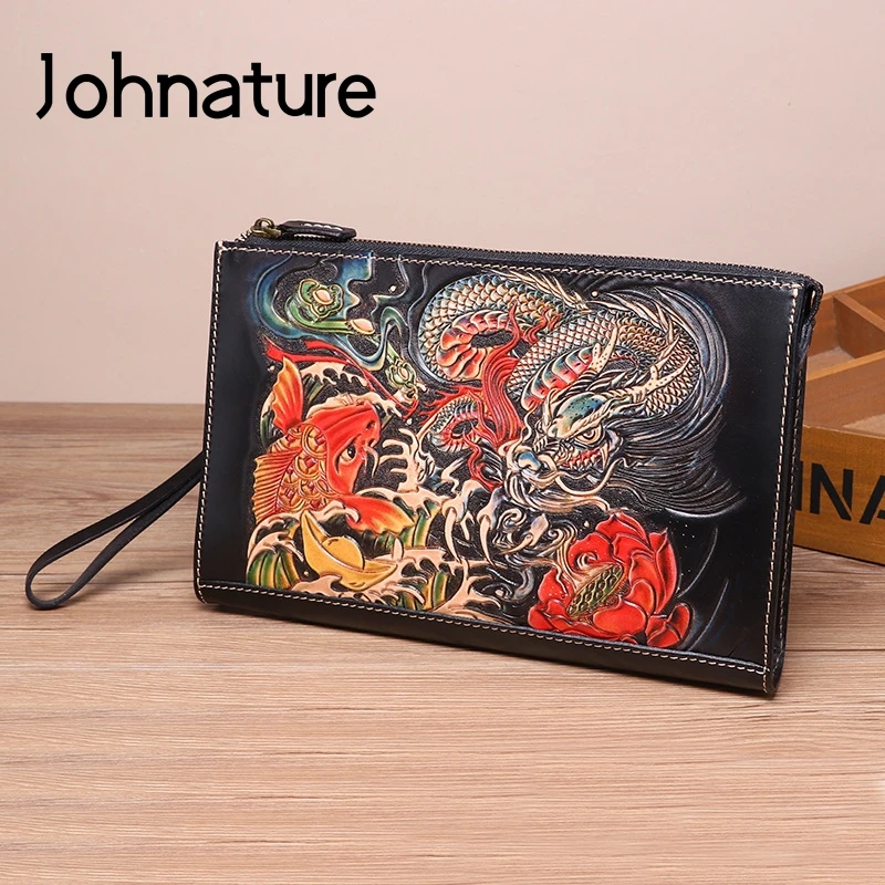 

Johnature Advanced Handmade Leather Carving Men Bag 2022 New Vintage Large Clutch Bags First Layer Cowhide Man Handbag