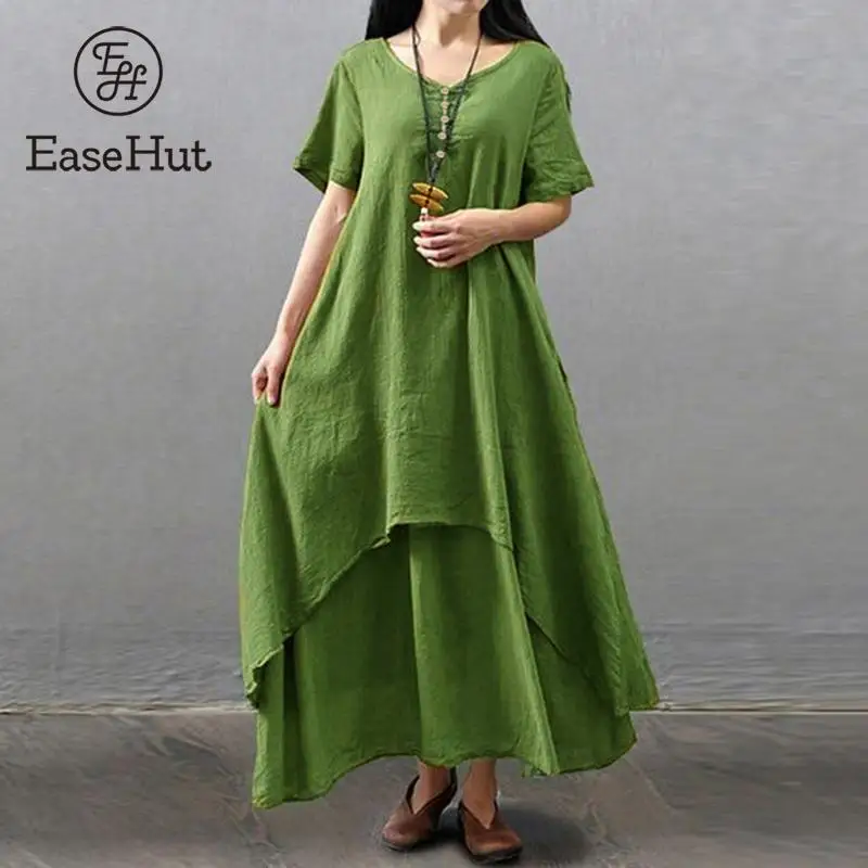 EaseHut Женщины Vintage Летнее Платье С Коротким Рукавом Твердые Макси Платья Свободные