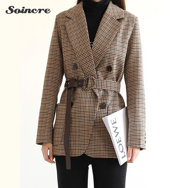 Женский винтажный офисный Блейзер, двубортный клетчатый пиджак с длинным рукавом и карманами, осень 2021 
Женский винтажный офисный Блейзер, двубортный клетчатый пиджак с длинным рукавом и карманами, осень 2021