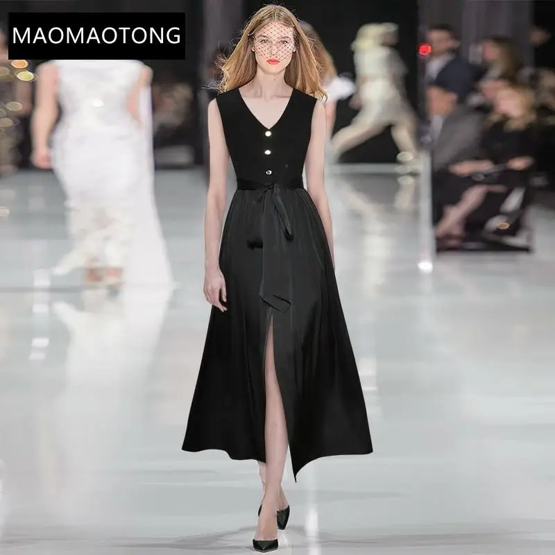 Fashion Designer Summer Black Dress Women's V-neck Sleeveless Single-breasted High Waist A Line Midi Dress
Fashion Designer Summer Black Dress Women's V-neck Sleeveless Single-breasted High Waist A Line Midi Dress