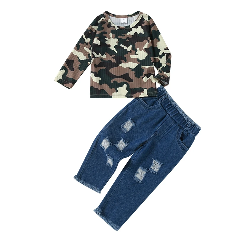 Kids Baby Girls Clothes Camouflage Long Sleeve Knit Tops and Ripped Denim Trousers Set
Kids Baby Girls Clothes Camouflage Long Sleeve Knit Tops and Ripped Denim Trousers Set