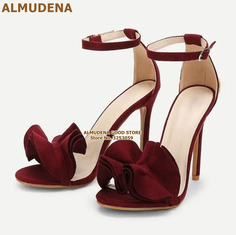 

ALMUDENA Burgundy Satin Cloth Ruffle Sandals Stiletto Heels Wine Red Silk Flounce Wedding Pumps Floral Buckle Strap Party Shoes