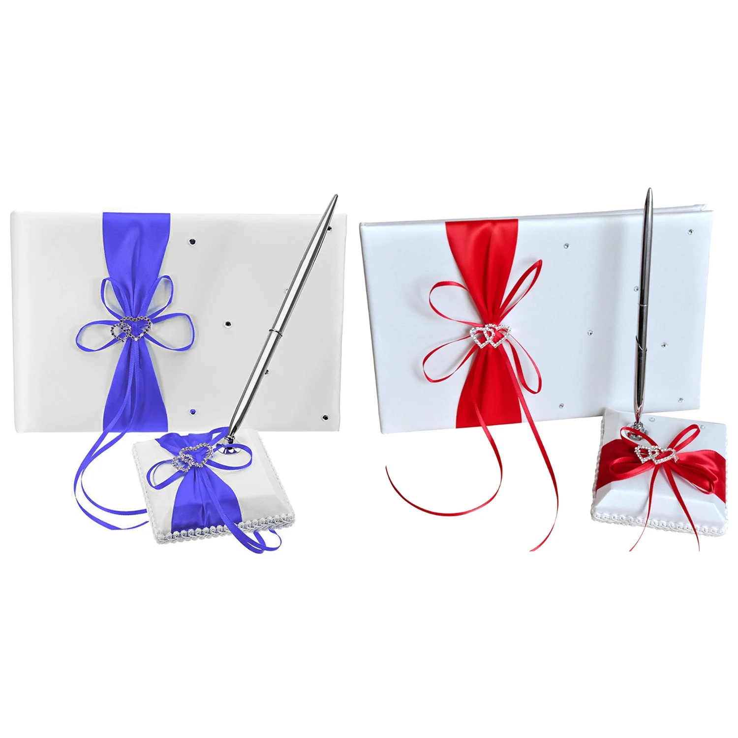 

Wedding Guest Book With Pen Holder Sets Satin Bows Signature Book With Diamonds Love Shape For Party Decorations