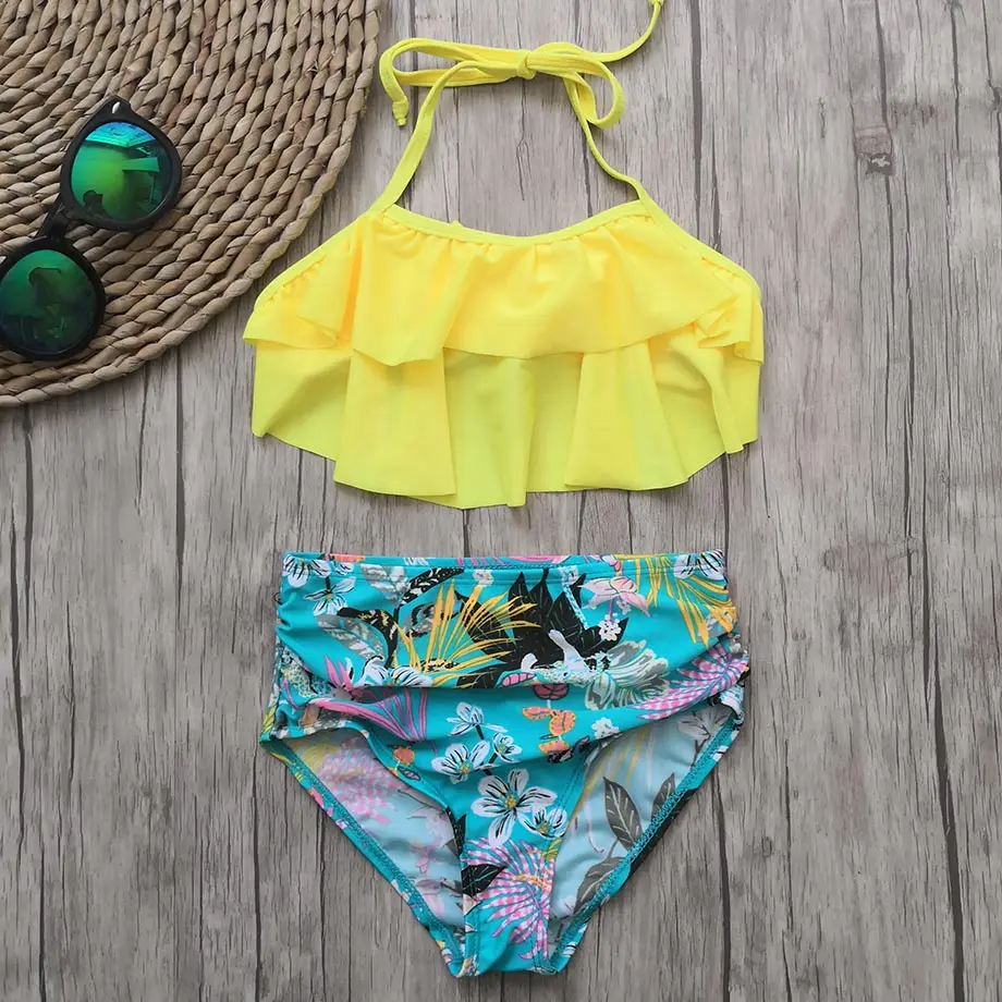 5-12 Years Falbala Girl Swimsuit Kids Floral Bikini Two Piece Children's Swimwear Halter Top Bathing Suit Girls Swim Wear | Спорт и