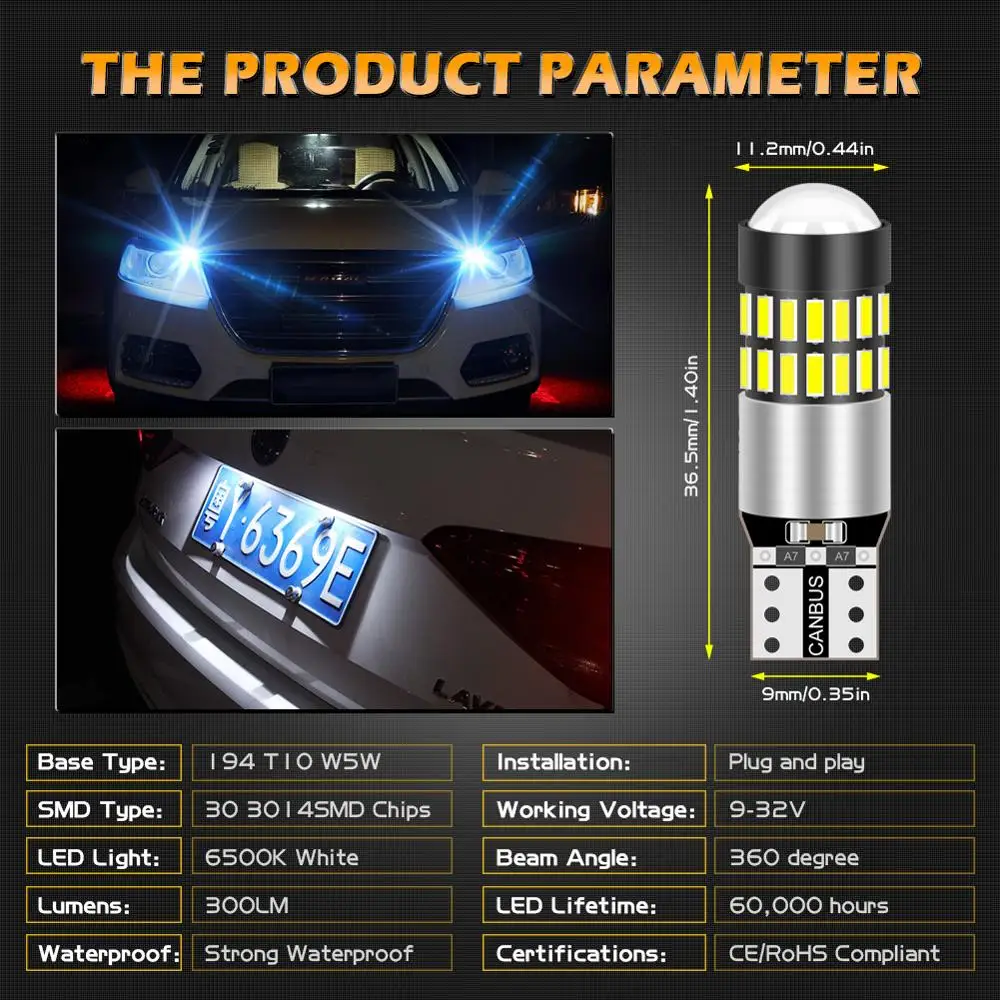 2pcs T10 168 175 194 2825 W5W LED Light Bulbs CanBus Error Free 3014 30SMD Lens 300Lumens DC 12V Interior Map Dome Lamps | Автомобили и