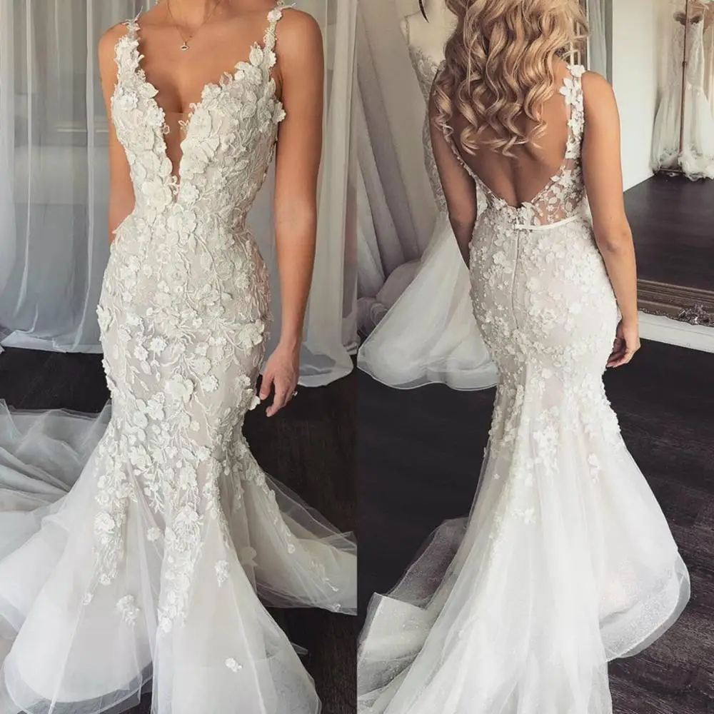 Gorgeous Mermaid Wedding Dresses 3D Floral Appliqued Sweep Train Country Bridal Gowns Custom Made Boho Vestido De Noiva
Gorgeous Mermaid Wedding Dresses 3D Floral Appliqued Sweep Train Country Bridal Gowns Custom Made Boho Vestido De Noiva