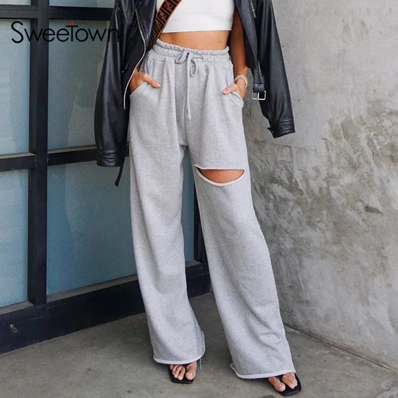 Sweetown Baggy Wide Leg Pants Women Casual Loose Streetwear Outfits Hole High Waist Hip Hop Womens Jogger Sweatpants Pockets
Sweetown Baggy Wide Leg Pants Women Casual Loose Streetwear Outfits Hole High Waist Hip Hop Womens Jogger Sweatpants Pockets
