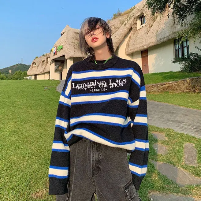 New sweater men and women autumn winter long-sleeved striped embroidery pullover couples super fire tops fashion | Женская одежда