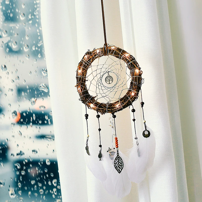 

DIY Handmade Cane Circle Ring Feathers Dream Catcher Beads Embellished Woven Mesh Hanging Pendant Home Garden Decor or As Gift