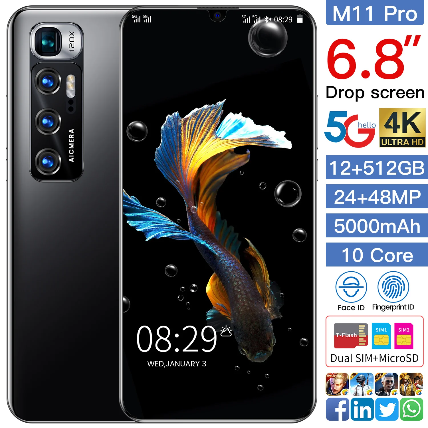 Hot Sale M11 Pro 5000mAh Dual SIM+Micro SD Smart Phone 8+512GB 6.8 Inch Deca Core 24+48MP Fingerprint Face ID Cell Phone Celular
Hot Sale M11 Pro 5000mAh Dual SIM+Micro SD Smart Phone 8+512GB 6.8 Inch Deca Core 24+48MP Fingerprint Face ID Cell Phone Celular